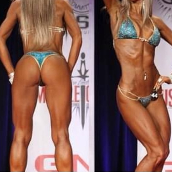 Competition Bikini Suit Bodybuilding Gold Encrusted Rhinestone Blue Muscle Fit S - Picture 1 of 17